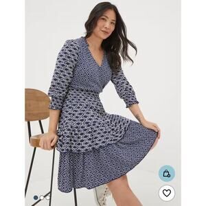 FAT FACE‎ Dress 10 Blue Amba Patchwork Geo JerseyV-Neck Smocked Waist & Cuffs
